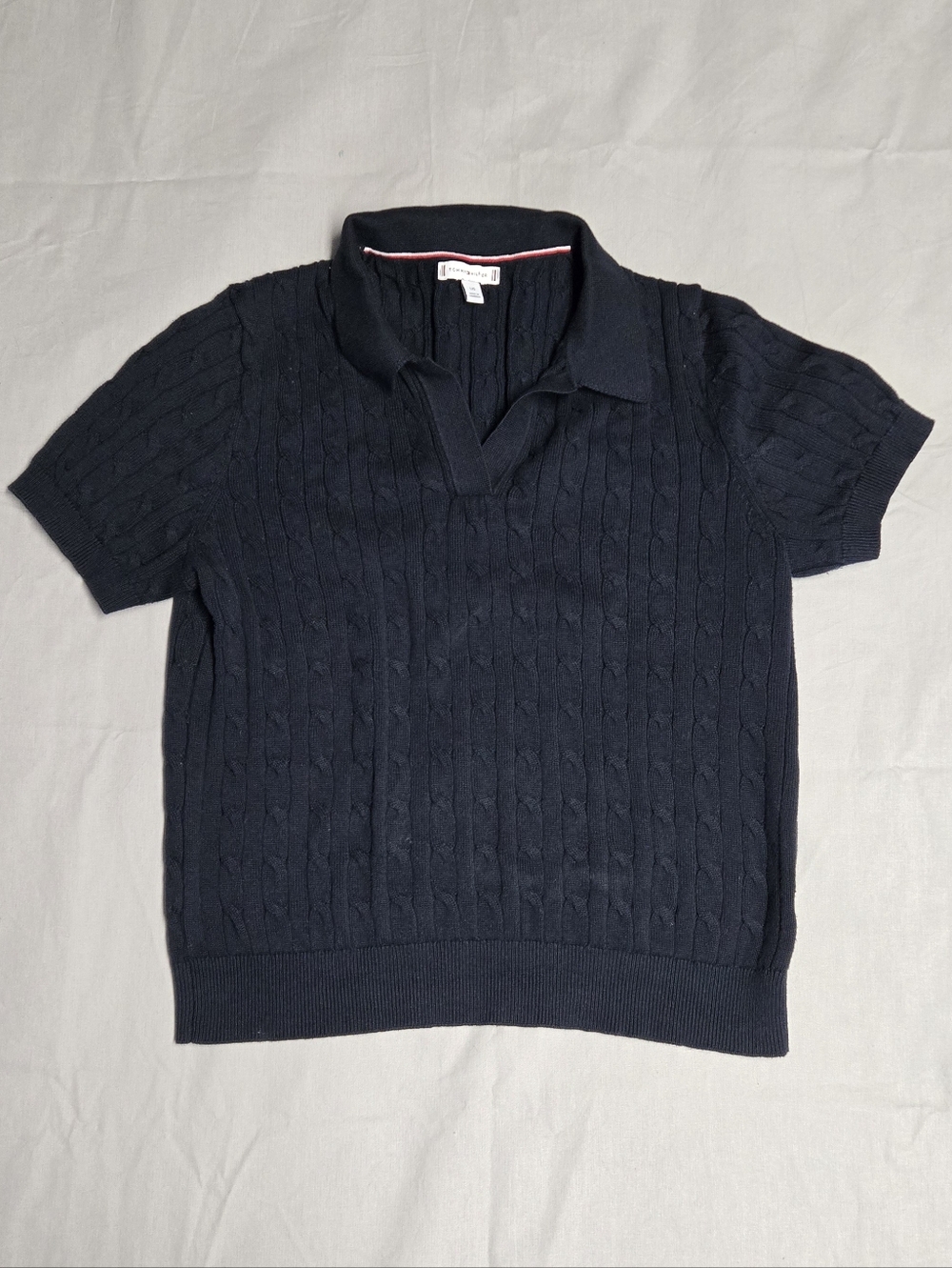 Tommy Hilfiger Navy Cable Knit Polo Short Sleeve Sweater Women's Size L